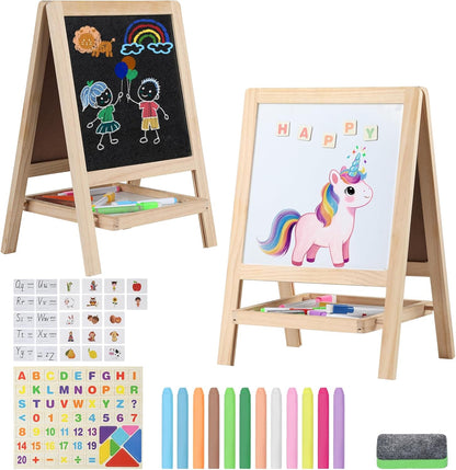Caballete de Arte de Madera para Pintura de Mesa para Niños - Tablero de Dibujo de Doble Cara 4 en 1 para Niños Pequeños de 2-4 Años, Pizarra y Pizarra Blanca Seca con Marcadores, Borrador, Letras