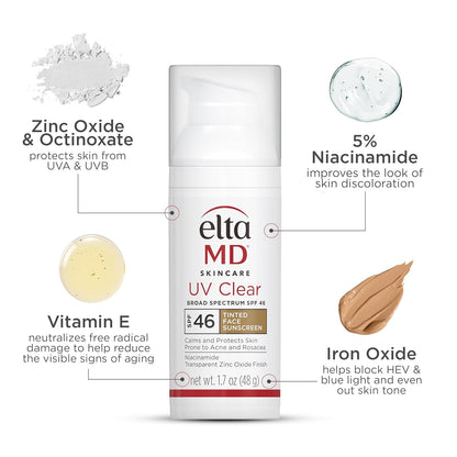 EltaMD Protector Solar Facial con Tinte UV Clear, SPF 46 Libre de Aceite con Óxido de Zinc, Recomendado por Dermatólogos, Relleno de Calcetín