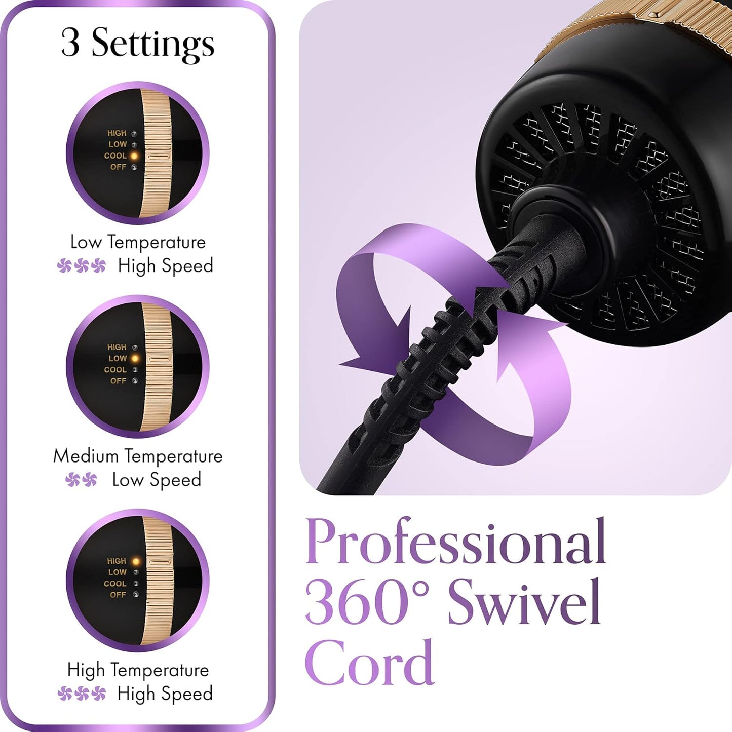 Cepillo secador de pelo ovalado 2 en 1 profesional para mujer, 2.95 pulgadas con estuche rígido de viaje y caja de regalo premium, negro y dorado