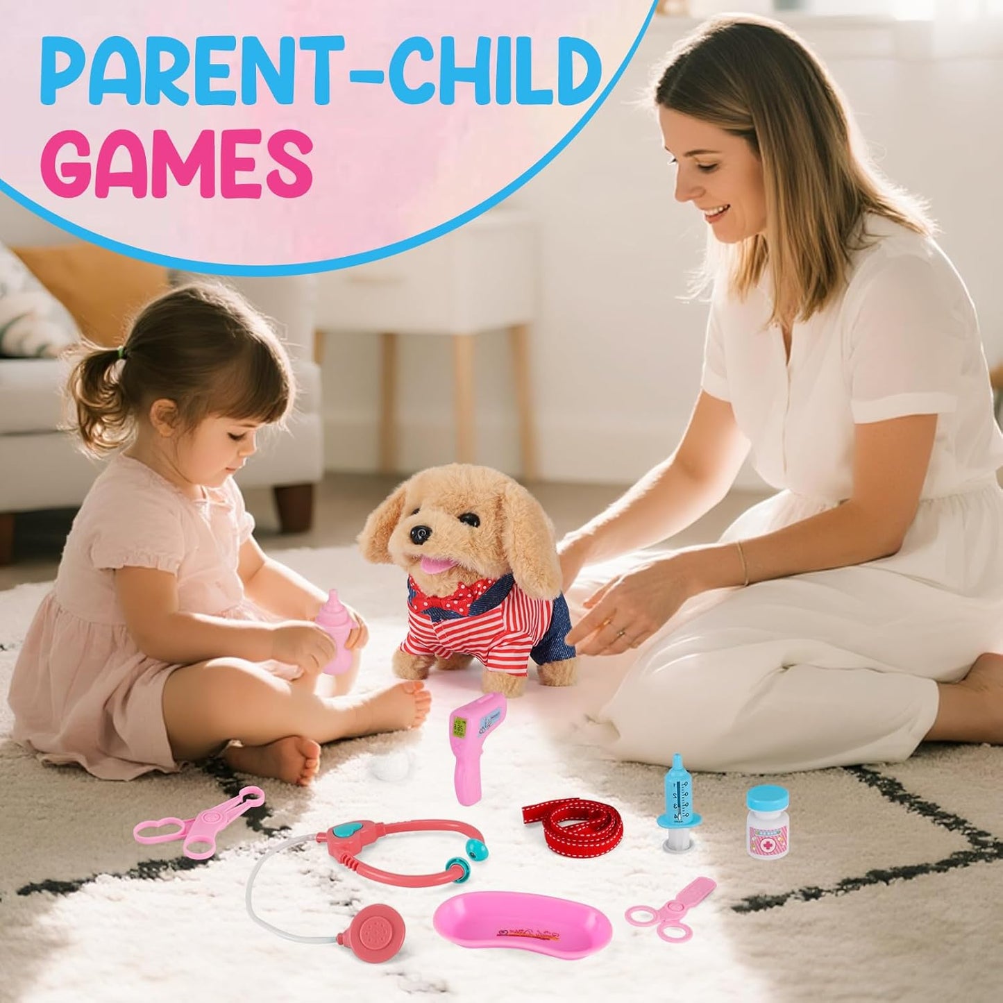 Juguete para niños pequeños 10 piezas Juguete interactivo de perro robot retriever - Cachorro caminante y de peluche con estetoscopio para juego de roles de veterinario, regalo educativo para