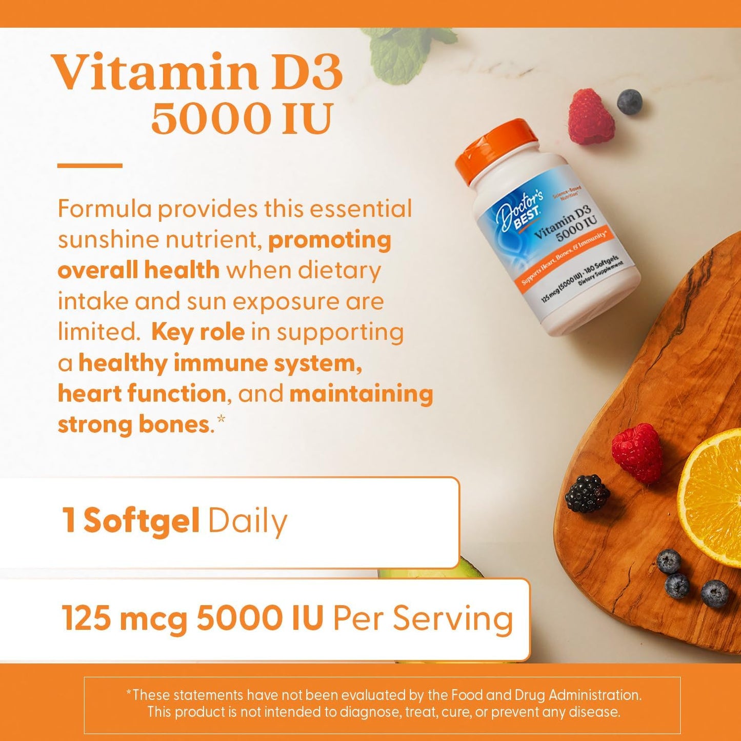 Doctor's Best Vitamina D3 5000UI, sin OGM, sin gluten y soja, regul...