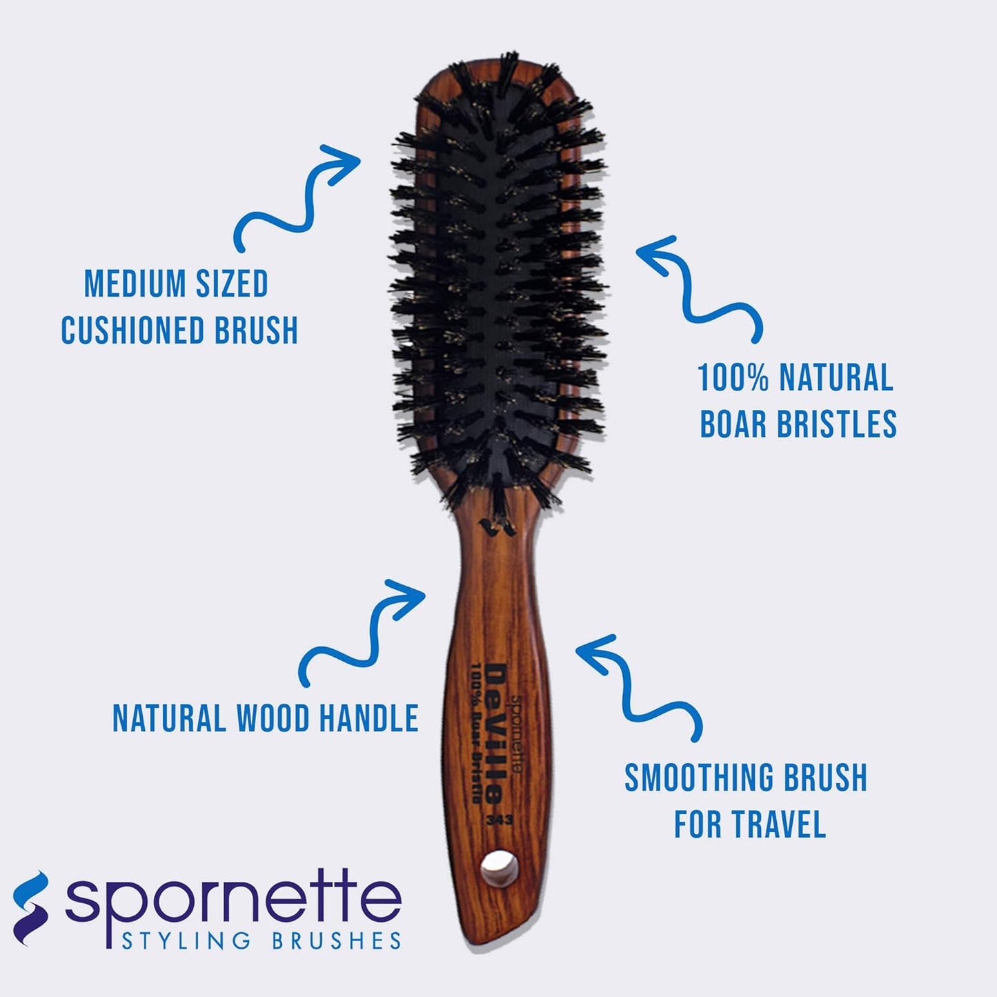 Spornette Deville - Cepillo de pelo para esculpir #343, cerdas de jabalí suaves, mango de madera, cepillo alisador acolchado para mantenimiento diario, acabado y añade brillo a cepillados y soplados