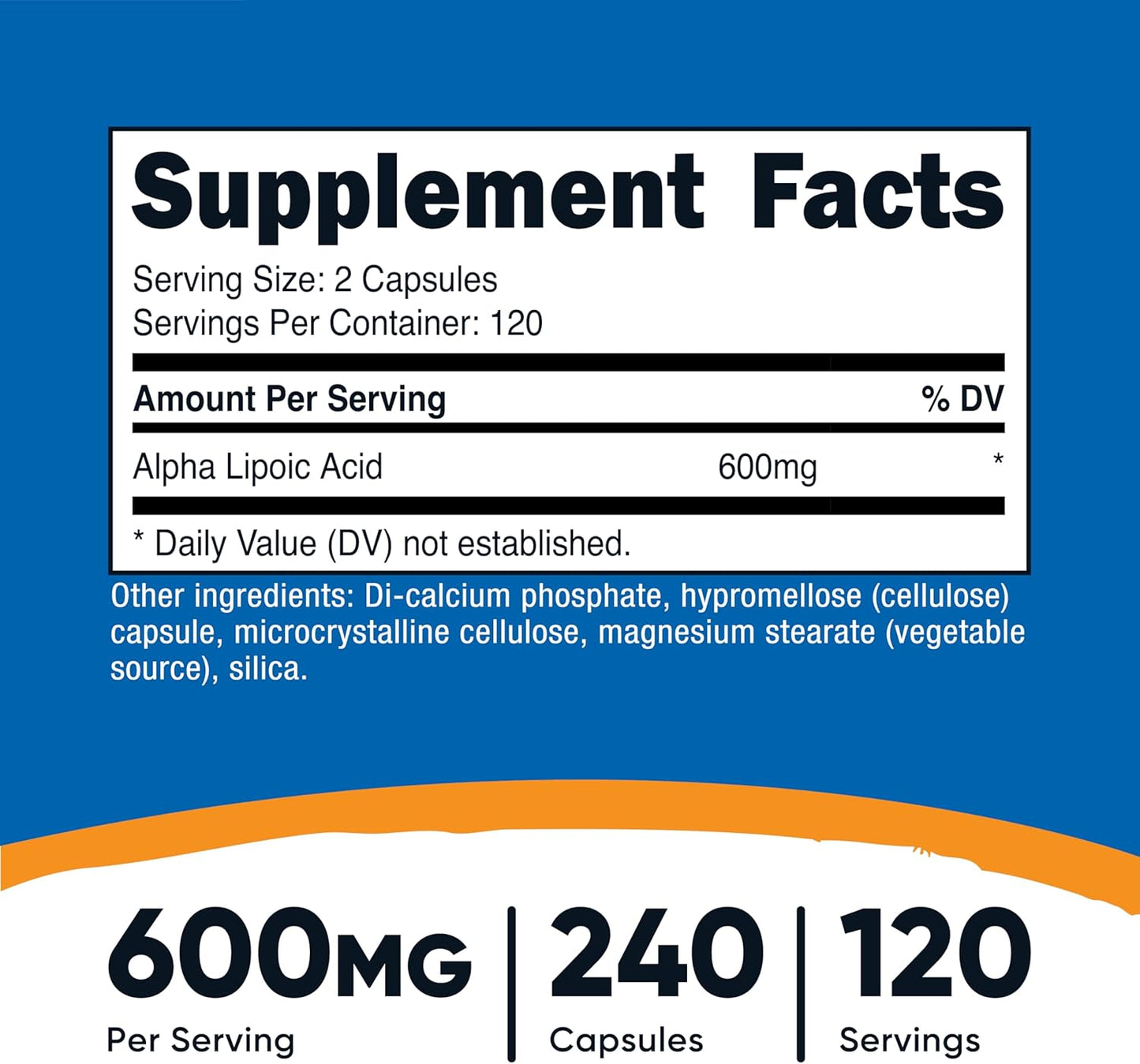 Suplemento Nutricost Ácido Alfa Lipoico, 0.02 oz por porción, 120 p...