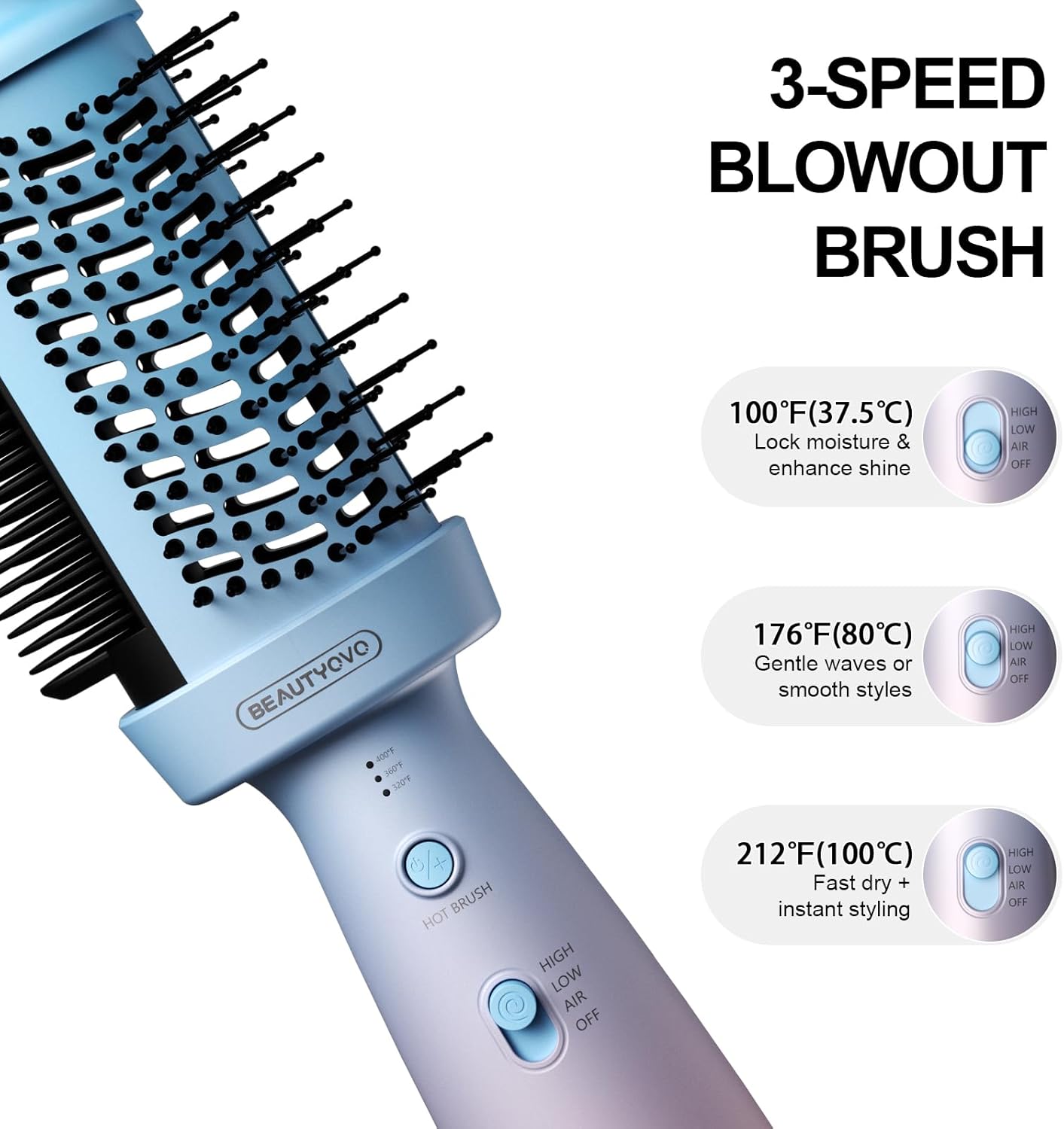 BEAUTYOVO Cepillo secador 3 en 1 con cepillo redondo y alisador, cepillo secador de pelo con 3 ajustes de calor/velocidad, estilizador de cabello y voluminizador con tecnología iónica para secar