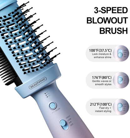 BEAUTYOVO Cepillo secador 3 en 1 con cepillo redondo y alisador, cepillo secador de pelo con 3 ajustes de calor/velocidad, estilizador de cabello y voluminizador con tecnología iónica para secar