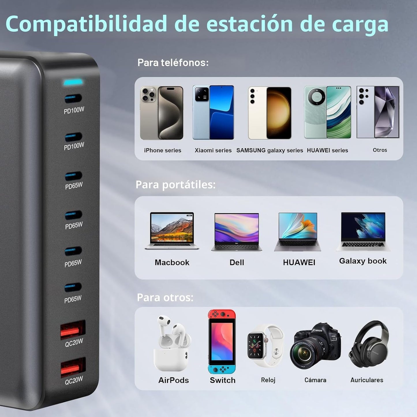 Bloque de carga rápida USB C de 500 W, estación de carga USB multip...
