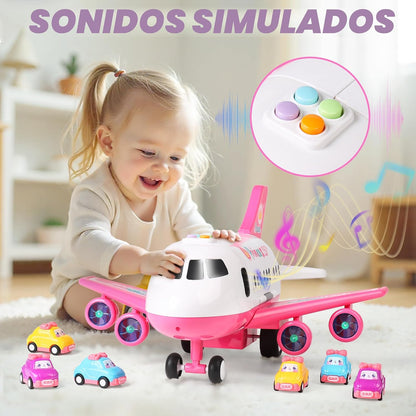 Dwi Dowellin Juguete de avión rosa con 6 camiones y tapete de juego...