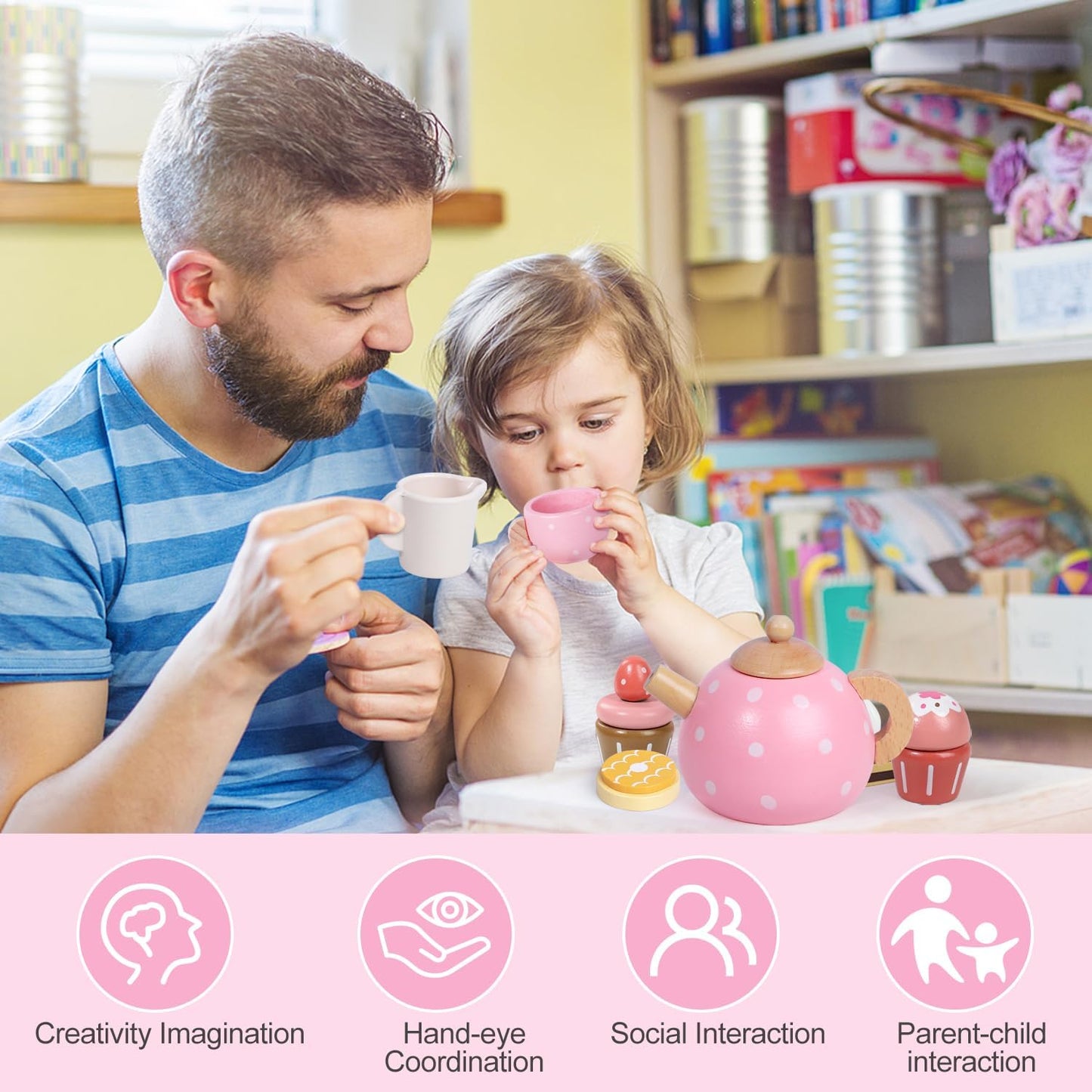 Juego de té de madera para niñas pequeñas, regalos para niñas peque...