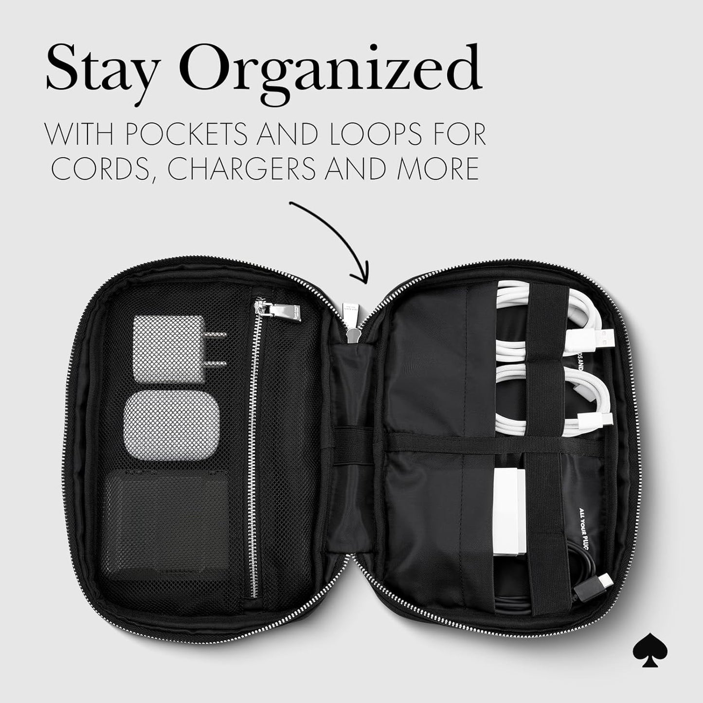 Kate Spade New York Bolso organizador técnico de nylon - Organizador de cables electrónicos, estuche de viaje para cargadores, banco de energía, AirPods y accesorios - Negro con firma