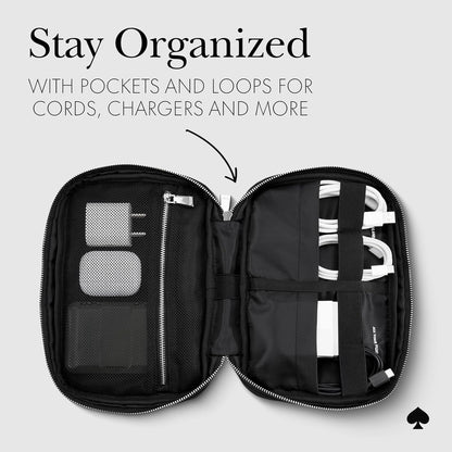 Kate Spade New York Bolso organizador técnico de nylon - Organizador de cables electrónicos, estuche de viaje para cargadores, banco de energía, AirPods y accesorios - Negro con firma
