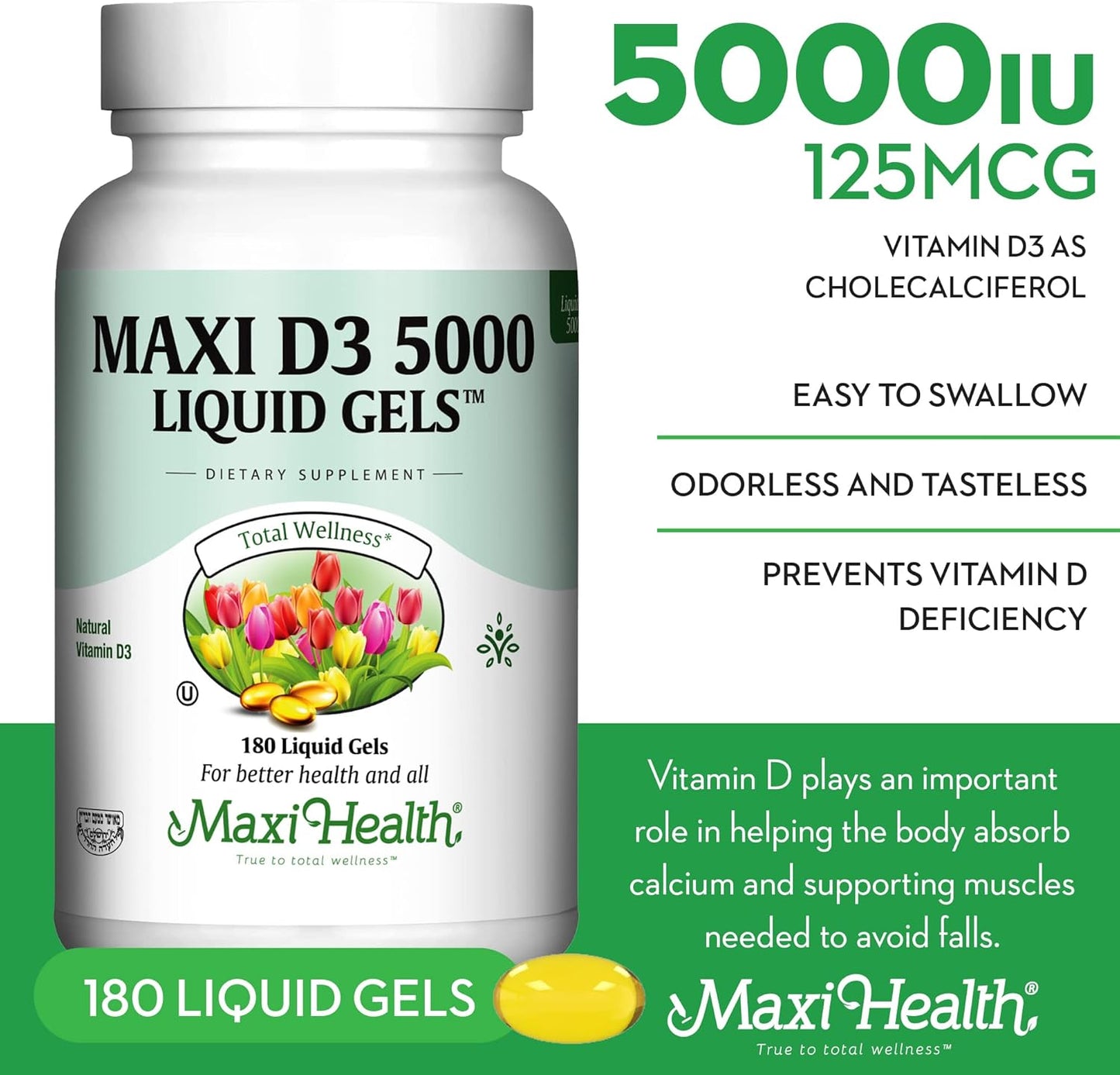 Maxi Health Vitamina D3 5000 UI cápsulas blandas \u2013 125 mcg D3...