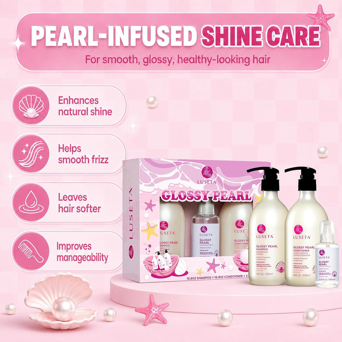 Luseta Set de regalo para el cuidado del cabello con perlas brillan...