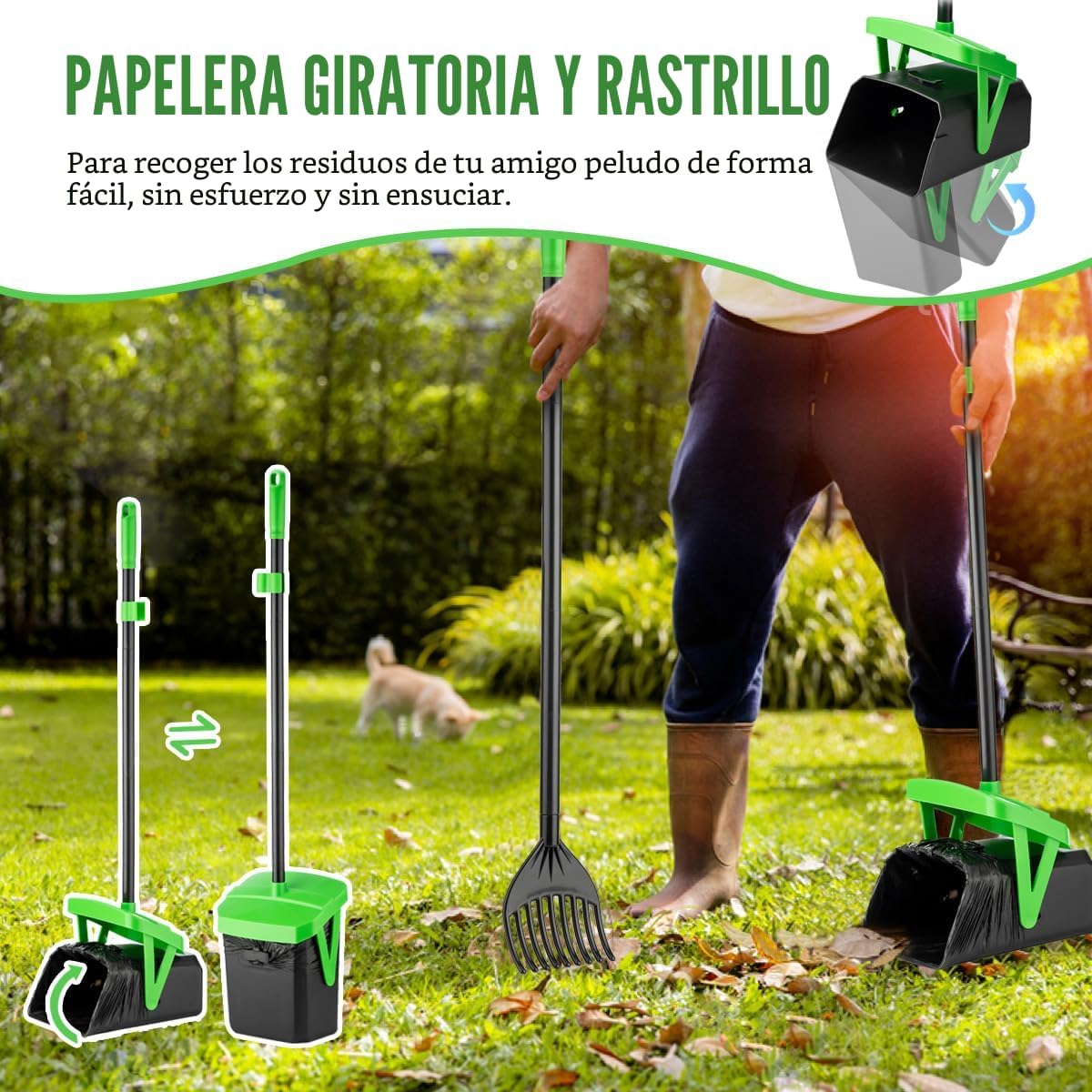 FUSBUNTY Recogedor de Heces con Cubo Giratorio y Rastrillo con 100...