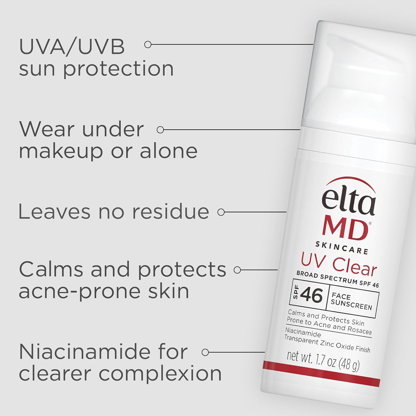EltaMD Protector solar facial transparente UV SPF 46, sin aceite para cara con óxido de zinc, loción protectora solar recomendada por dermatólogos, para piel sensible propensa al acné, bomba de 1.7 oz