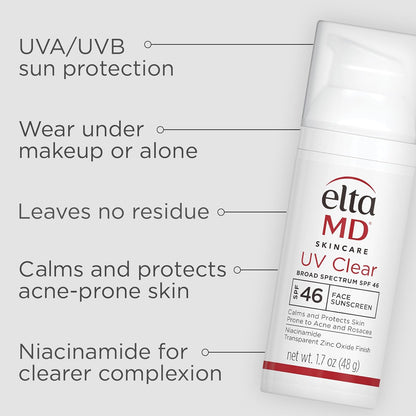 EltaMD Protector solar facial transparente UV SPF 46, sin aceite para cara con óxido de zinc, loción protectora solar recomendada por dermatólogos, para piel sensible propensa al acné, bomba de 1.7 oz