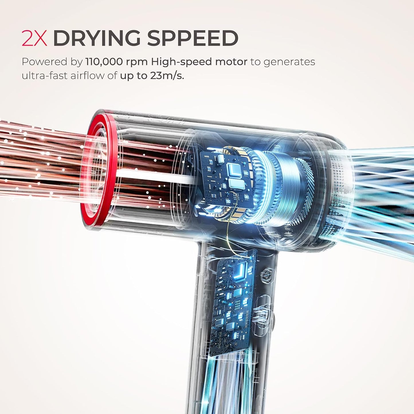 Secador de pelo TYMO con difusor, secador de pelo profesional AIRHYPE Lite de 1500W de alta velocidad con peine para secado rápido, motor sin escobillas de 110,000RPM, 200 millones de secador de pelo