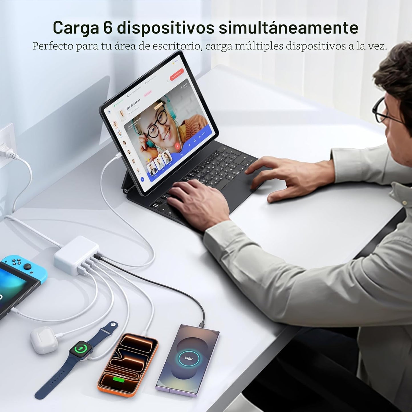 Cargador rápido USB C, bloque de estación de carga de 100W GaN de 6...