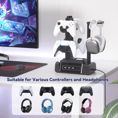 KDD Estación de carga para múltiples dispositivos - Base de carga de 4 puertos con controlador y soporte para auriculares - 3 USB A y 1 USB C para teléfono celular, tableta y otros dispositivos