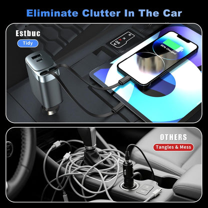 Cargador de coche retráctil, cargador de coche de 84 W USB C 4 en 1, accesorios de automóvil, adaptador de cargador de coche de carga rápida para iPhone 17 16 15 14 13 12 Pro Max, Samsung, Pixel |