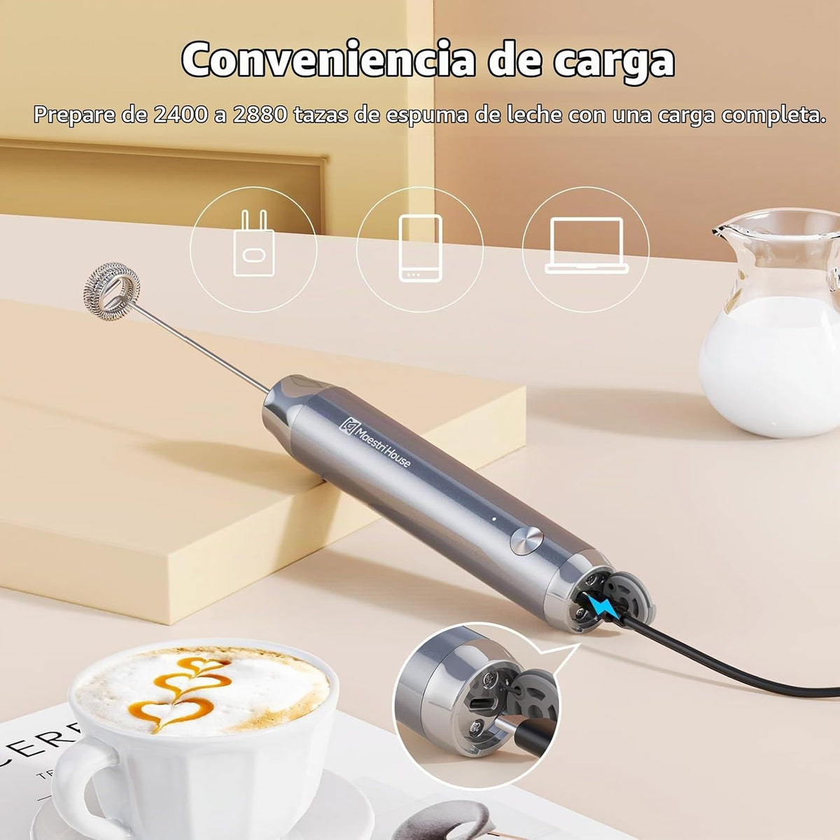 Maestri House LunaFro - Espumador de leche recargable con soporte,...