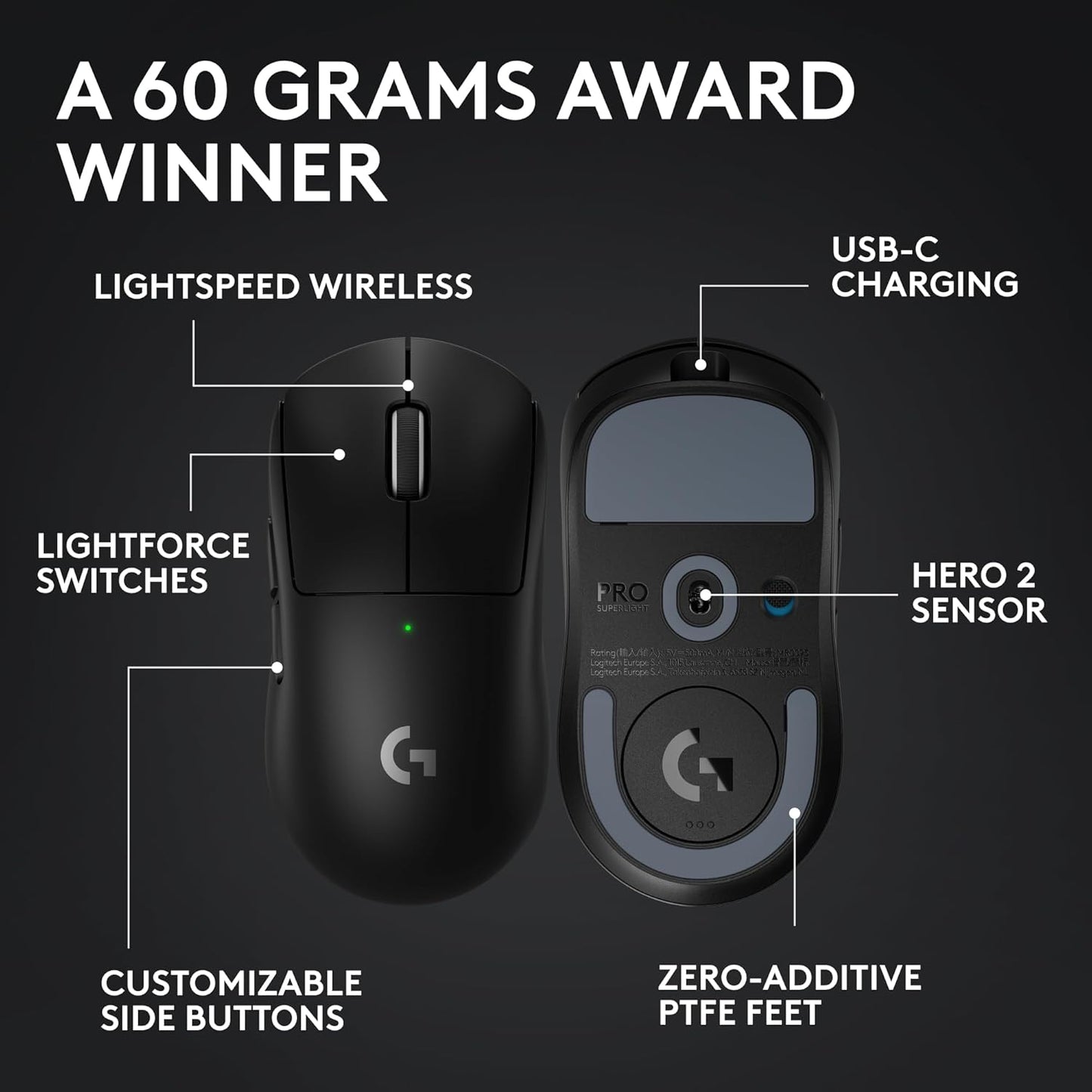 Logitech G PRO X Superlight 2 Ratón inalámbrico para juegos, 60g Pro-Grade con 5 botones programables, sensor 44k DPI, tasa de reporte de 8kHz, carga USB-C para PC/Mac - Negro