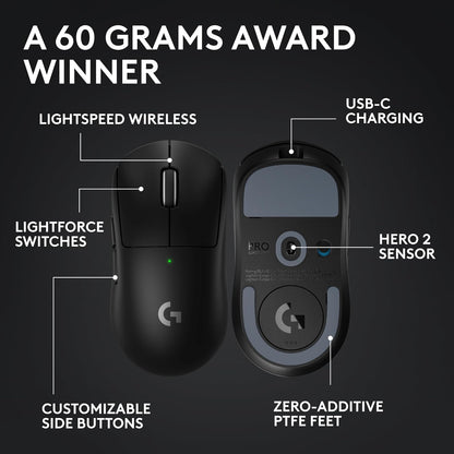 Logitech G PRO X Superlight 2 Ratón inalámbrico para juegos, 60g Pro-Grade con 5 botones programables, sensor 44k DPI, tasa de reporte de 8kHz, carga USB-C para PC/Mac - Negro