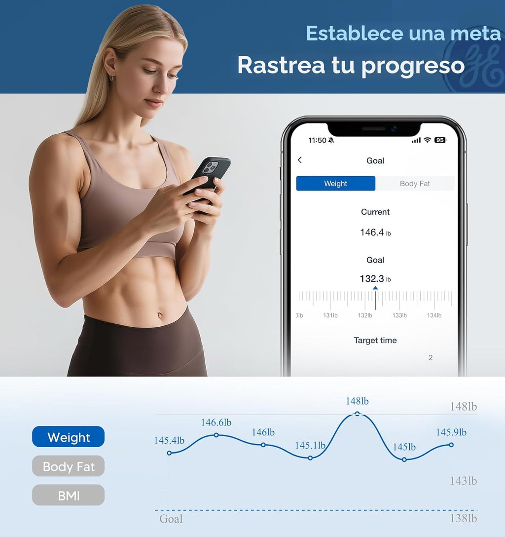Báscula GE para peso corporal, grasa corporal, IMC, masa muscular,...