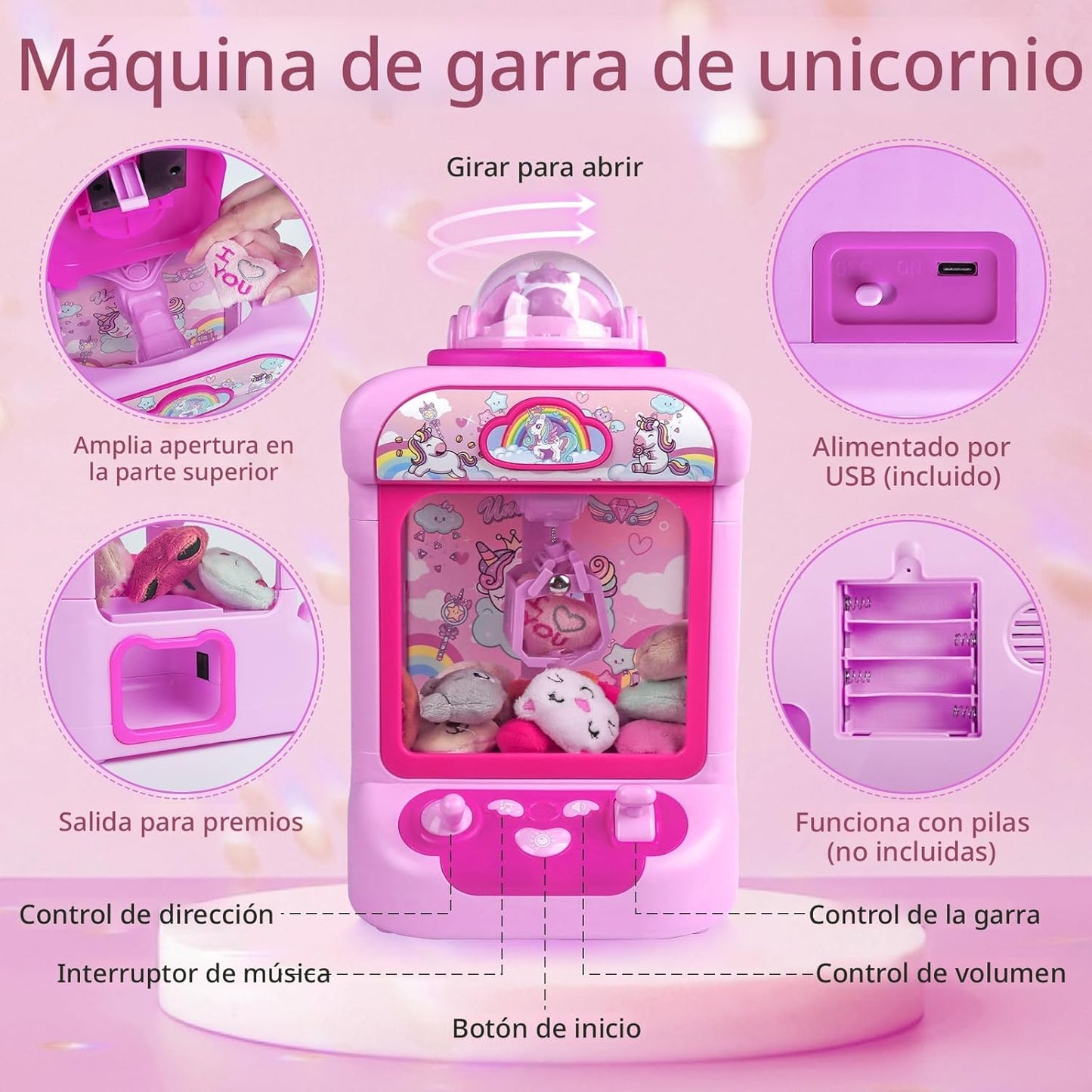 Marlrin Máquina de Garra para Niños, Mini Máquina Expendedora Juguetes de Unicornio para Niñas, Agarrador de Dulces Dispensador de Premios con Sonido y 20 Mini Juguetes de Peluche, Juego de Arcade