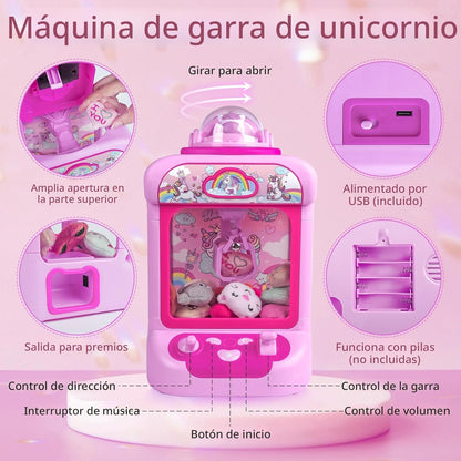 Marlrin Máquina de Garra para Niños, Mini Máquina Expendedora Juguetes de Unicornio para Niñas, Agarrador de Dulces Dispensador de Premios con Sonido y 20 Mini Juguetes de Peluche, Juego de Arcade