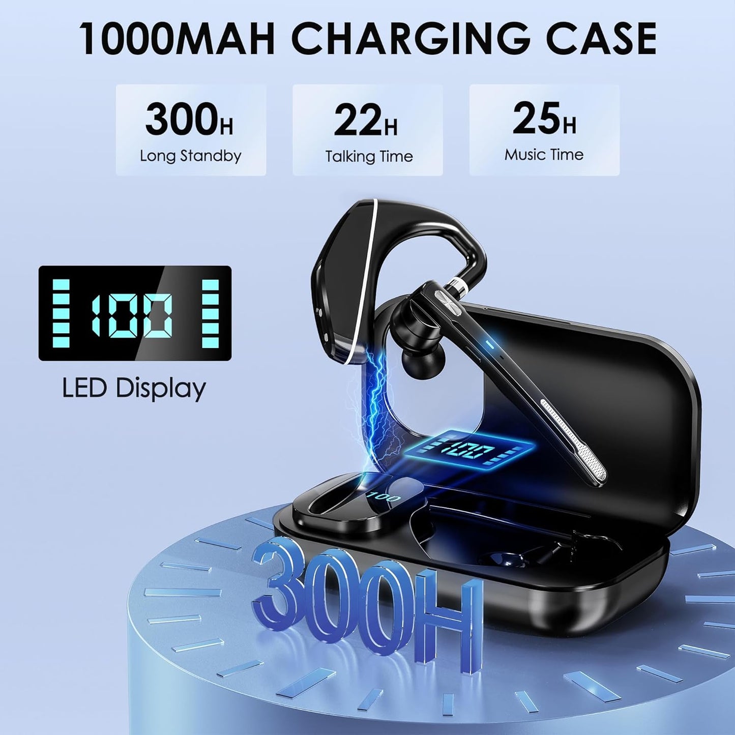 Auriculares Bluetooth V5.3, auricular inalámbrico con funda de carga de 1000 mAh, tiempo de conversación 96 horas, auriculares con cancelación de ruido manos libres con micrófono dual para