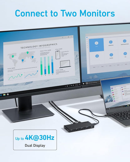 Anker Hub USB C (10 en 1), monitor dual con HDMI 4K, entrega de potencia máxima de 100 W, puertos HDMI 4K duales, 4 puertos de datos USB-A/USB-C, lector de tarjetas Ethernet y SD para portátiles Dell, ThinkPad y más