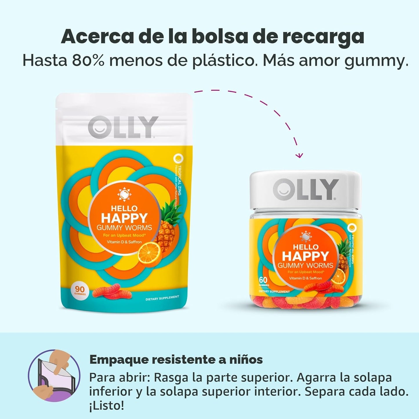 OLLY Hello Happy Gummy Worms, apoyo para el equilibrio del estado d...