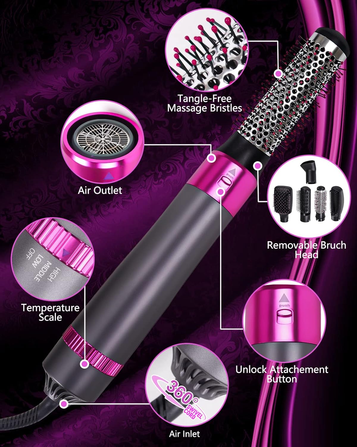 Cepillo secador de pelo 5 en 1, cepillo eléctrico de iones negativos para secador de aire caliente (negro-rojo)