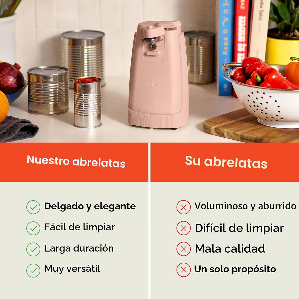 bella Abrelatas eléctrico y afilador de cuchillos, palanca de corte...