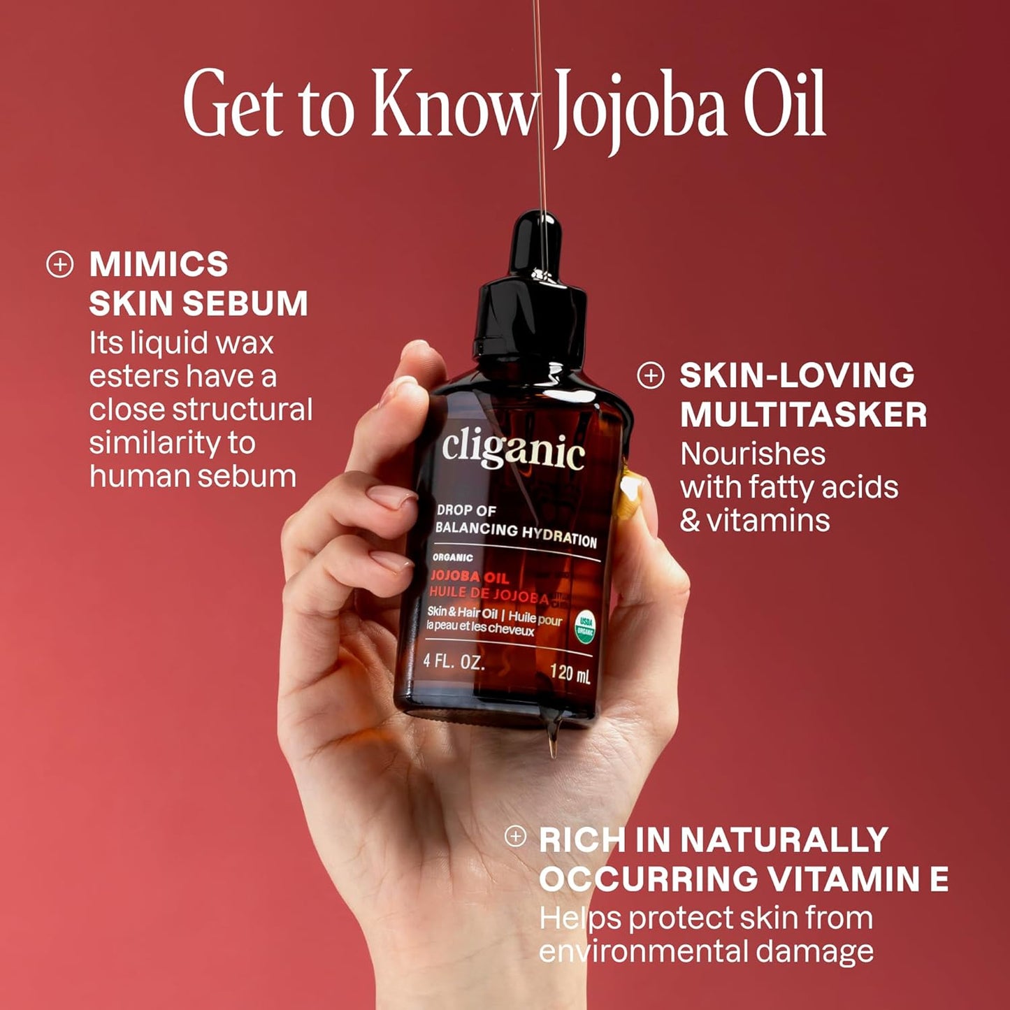 Cliganic Aceite de jojoba orgánico, 100% puro (4 onzas), hidratante...