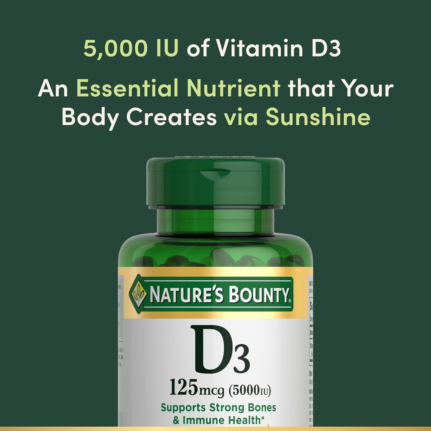 Nature's Bounty Vitamina D3 5000 UI, cápsulas blandas de libera...