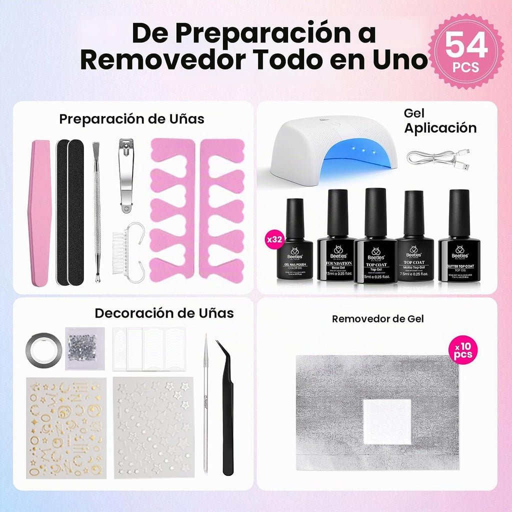 Beetles - Kit de esmalte de uñas de gel con luz UV, 54 piezas, 32 c...
