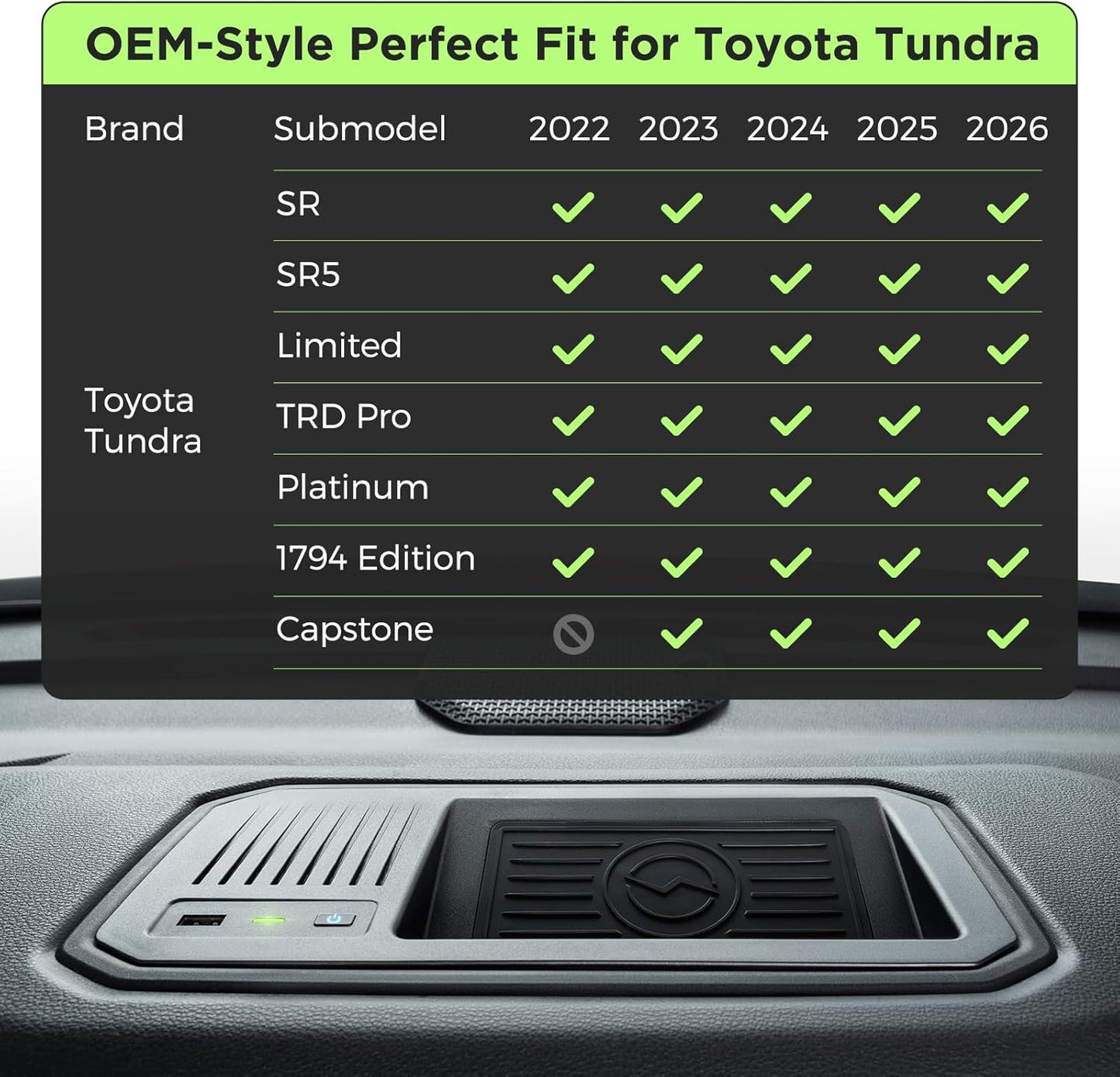 Cargador inalámbrico para Toyota Tundra 2022-2025 2026, ajuste personalizado OEM con puerto USB, almohadilla de carga inalámbrica de teléfono para Tundra TRD Pro 1794 Edition Platinum SR SR5 Limited Interior Accesorios de automóvil