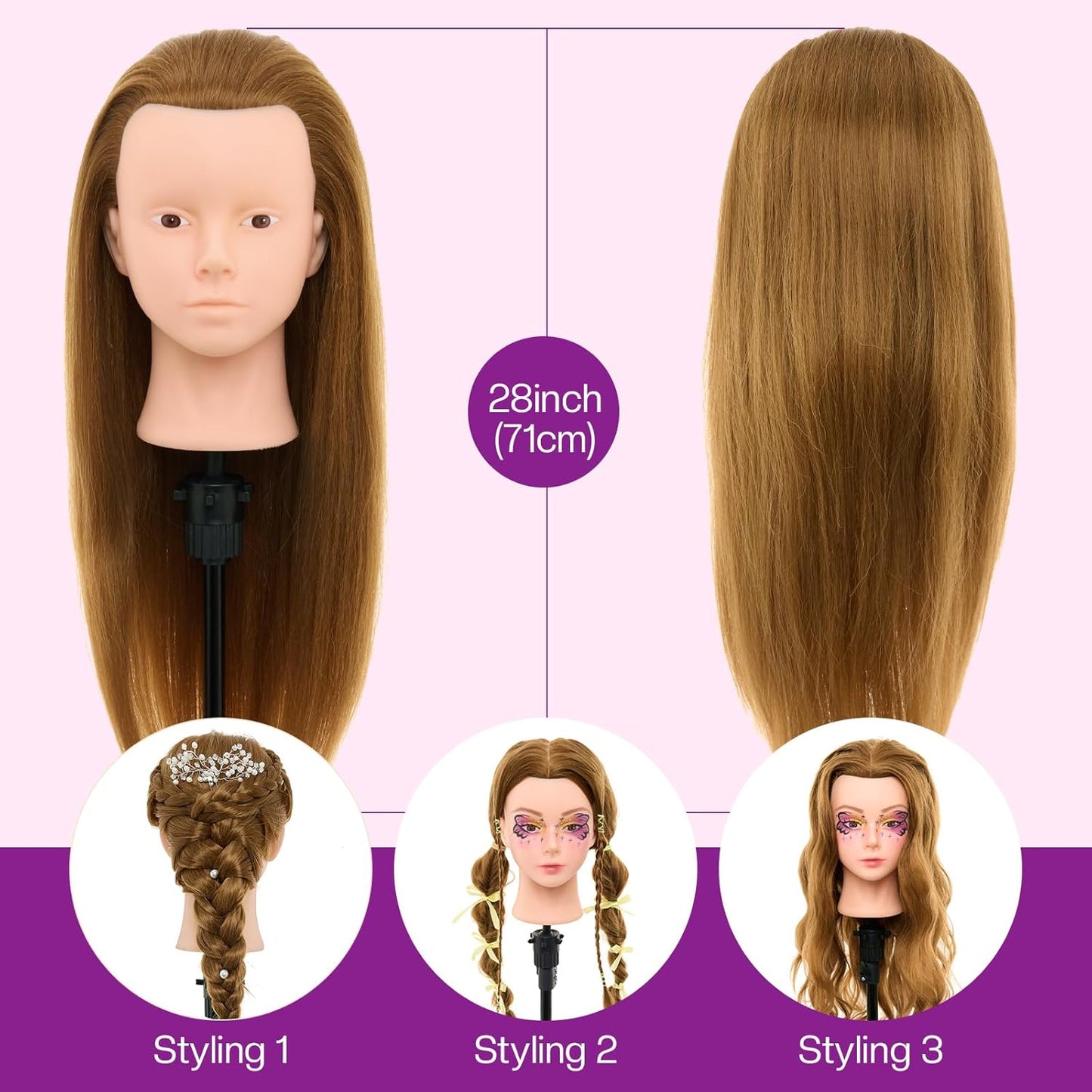 Cabeza de maniquí de 28 pulgadas con 80 % cabello humano real, cabe...