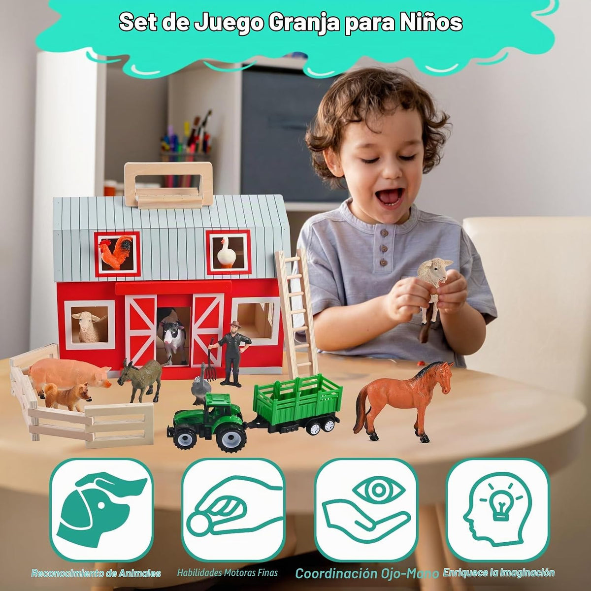 Juguetes de madera de granero, juego de granero con 12 figuras de juego de animales para más de 3 años, granero de juguete y animales de granja, juego de granero de madera para regalo de cumpleaños de Navidad para niños y niñas