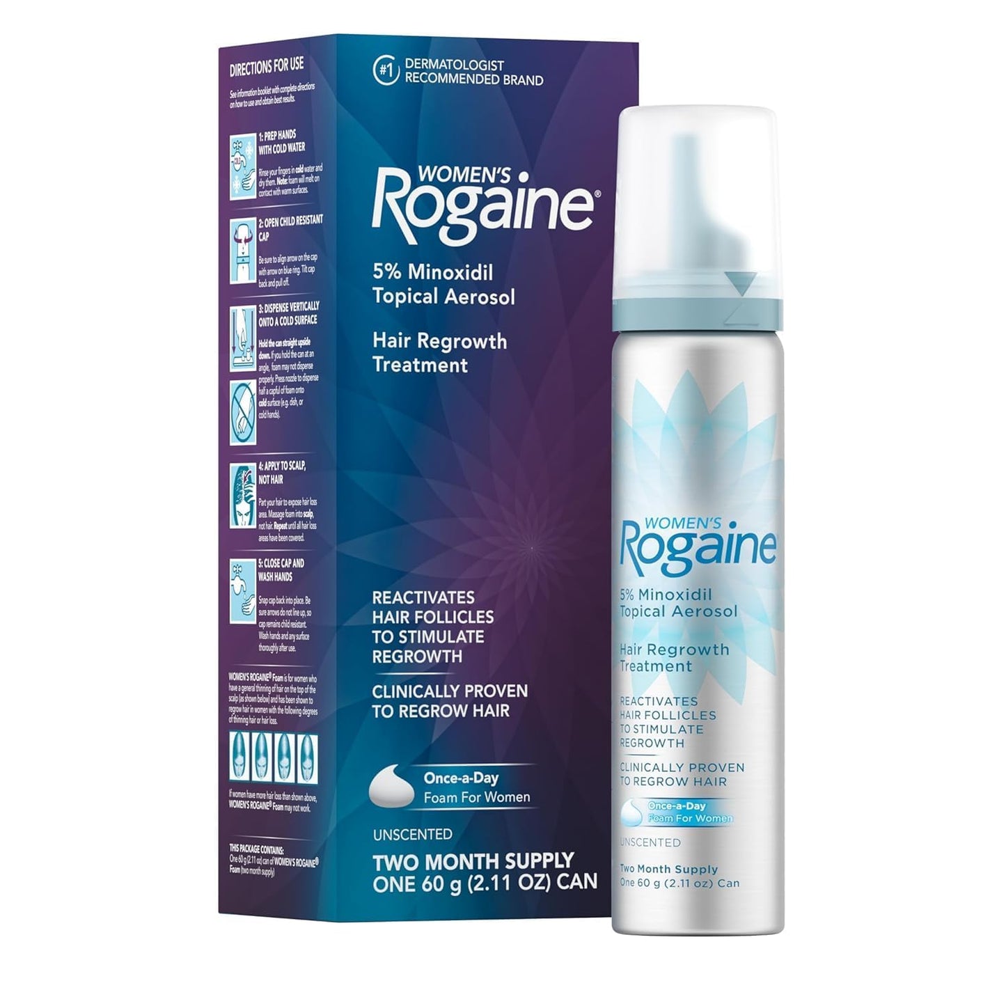 Rogaine - Espuma de minoxidil tópica al 5%, tratamiento contra la caída del cabello de una vez al día para mujeres para hacer crecer un cabello más abundante y grueso, sin perfume, suministro de 2