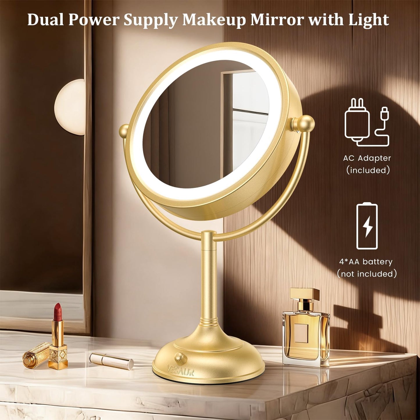 VESAUR Espejo de Maquillaje Iluminado Dorado Grande de 8.5''...