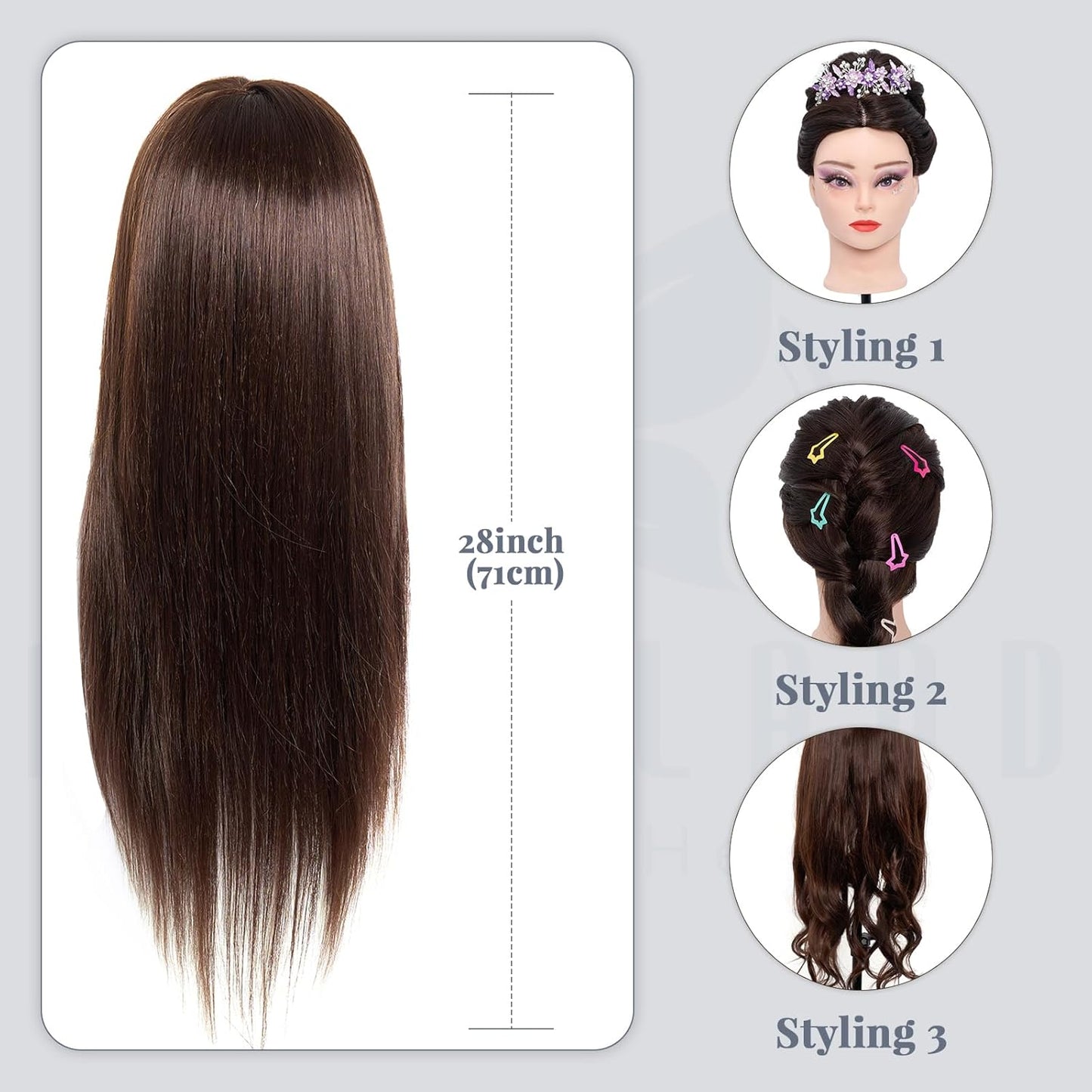 Cabeza de maniquí 80% cabello humano - 71 cm Maniquí de práctica pa...