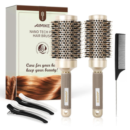 AIMIKE Juego de cepillos para el cabello, cepillo redondo de cerámica nano térmica y tecnología iónica con cerdas de jabalí para secar con soplado, mejorar la textura para peinar, rizar y brillar,