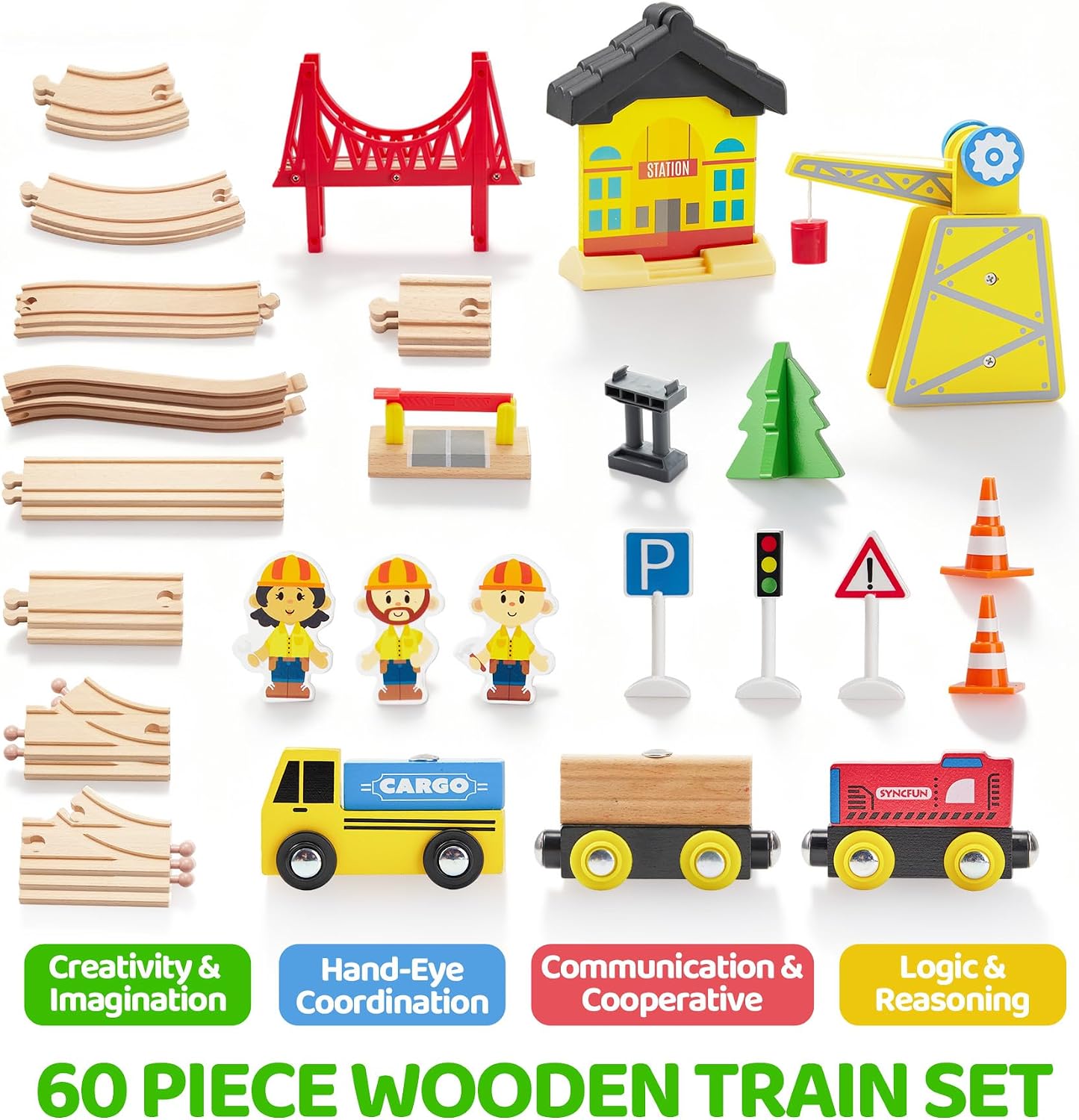 Juego de trenes de madera de 60 piezas, trenes magnéticos de juguet...
