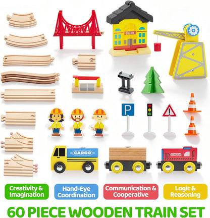 Juego de trenes de madera de 60 piezas, trenes magnéticos de juguet...