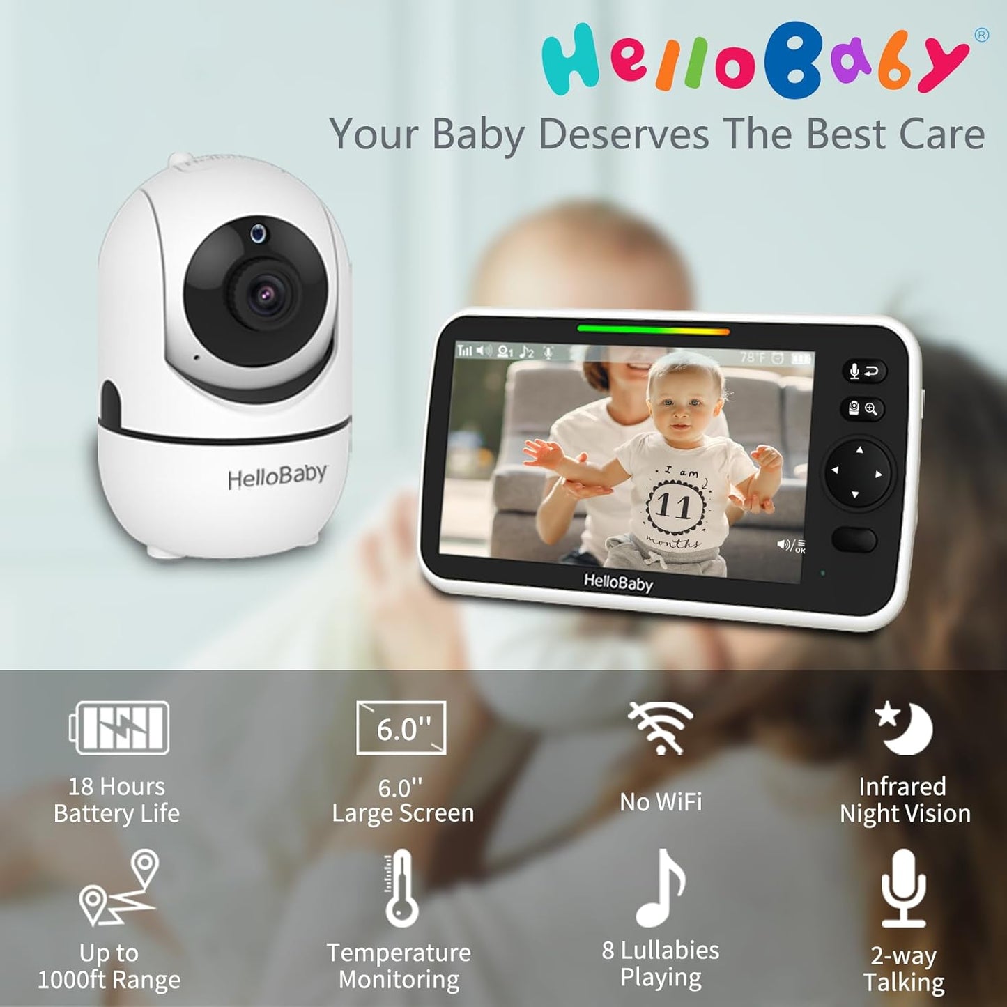 HelloBaby - Monitor de bebé con video de 6'' de pantalla di...