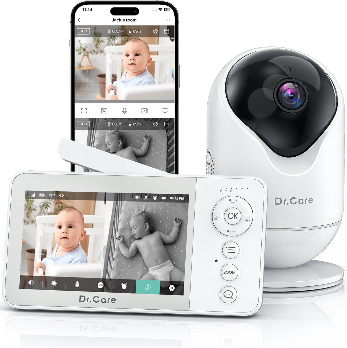 Dr.Care Monitor de bebé inteligente WiFi con cámara, pantalla 720P...