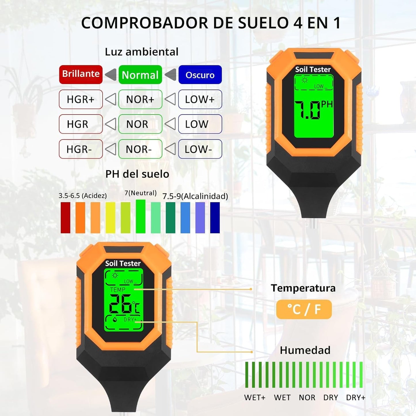 Medidor de Humedad del Suelo 4 en 1 Medidor Digital de pH/Humedad del Suelo/Temperatura de la Planta/Intensidad de Luz Solar, Pantalla LCD con Retroiluminación, Medidor de Prueba de Suelo para Jardín