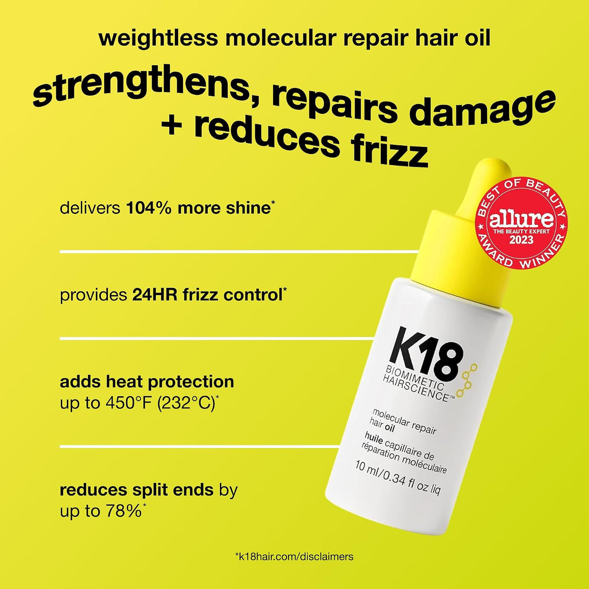 Aceite capilar reparador molecular K18, aceite ingrávido para un ca...